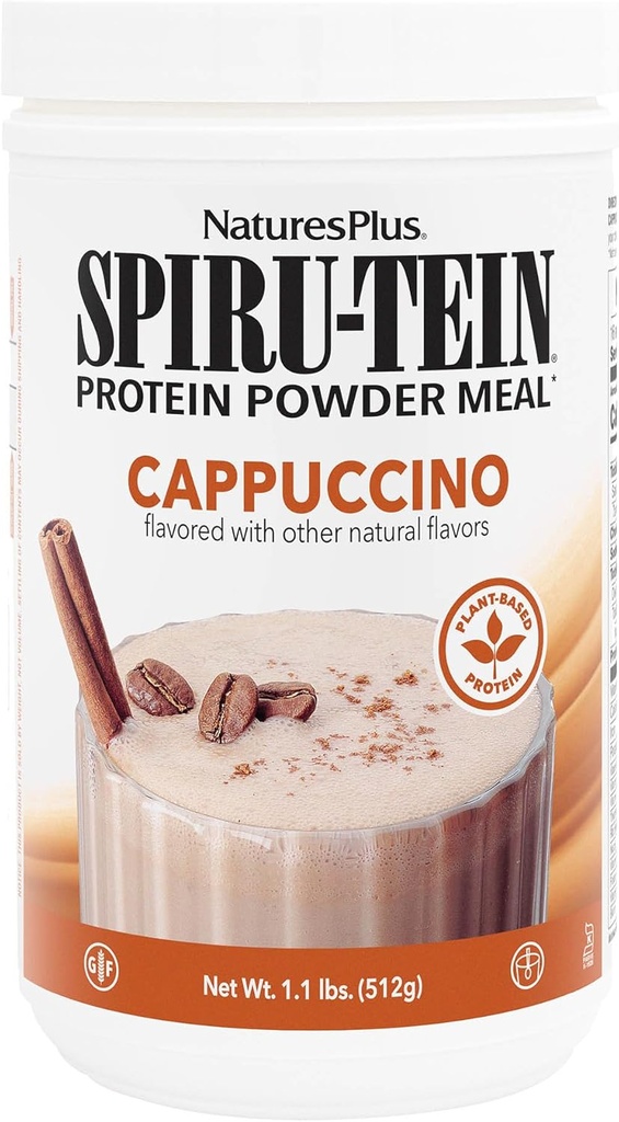 NaturesPlus SPIRU-TEIN Shake - Cappuccino Flavor - 1.1 lbs, Spirulina Protein Powder - Reemplazo a base de plantas, vitaminas y minerales para la energía - Vegetariano, libre de gluten - 16 servidumbres