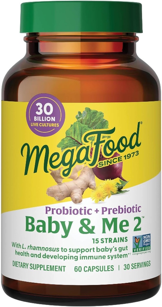 MegaFood Baby &amp; Me 2 Prebióticos Prenatales y Probióticos para Mujer en Desarrollo Bebé con 30 Billones CFU, Vegetariano y No GMO, 60 Caps (30 Servimientos)