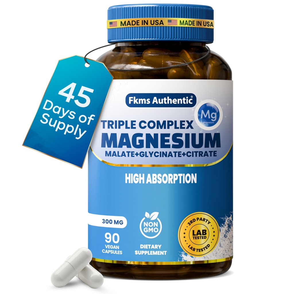 Suplemento Complejo de Magnesio Triple 300mg ANTE 3 en 1, Magnesium Glycinate, Malate y Citrate TEN Vegan, Non-GMO TEN High Absorption TEN 90 Capsules