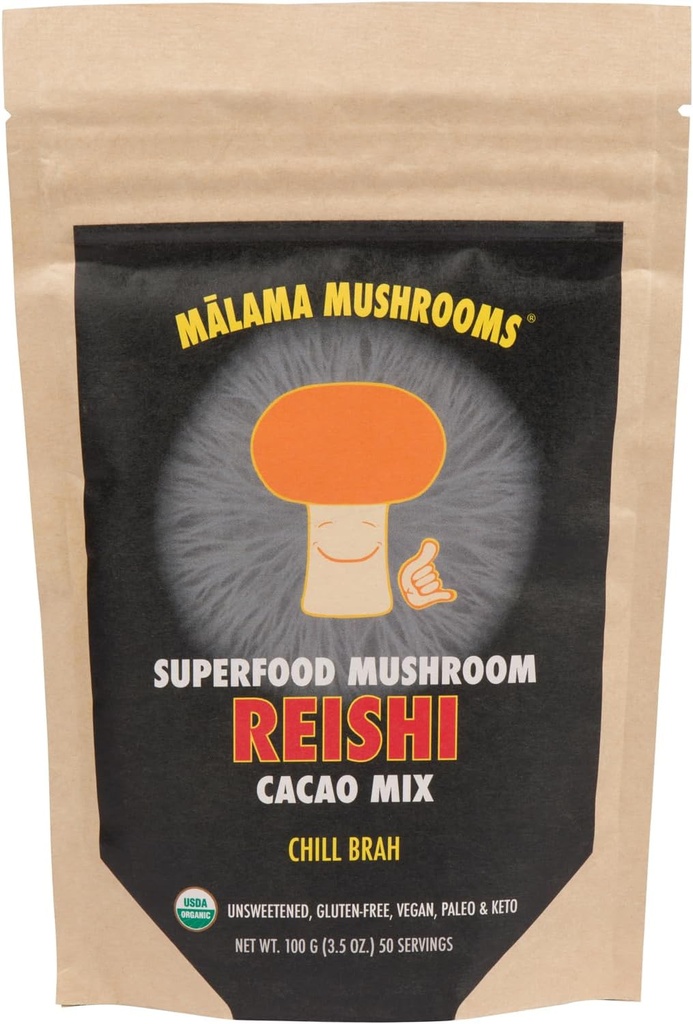 Malama Organic Mushroom Hot Cacao Mix, Reishi Mushroom Powder con Fair Trade Cacao para Immune Support &amp; Relax – Vegan Supplement &amp; Superfood, Non GMO, 3.5 oz (50 Servings)