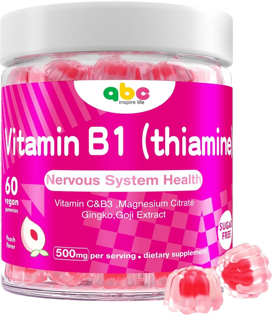 Vitamina B1 Gummies Chewable Thiamine 500mg &amp; Vitamina B3 &amp; Vitamina C,Sugar Gratis - Non GMO,Vegan,Natural Peach Flavor - Thiamine B1 Suplemento para Adultos &amp; Niños