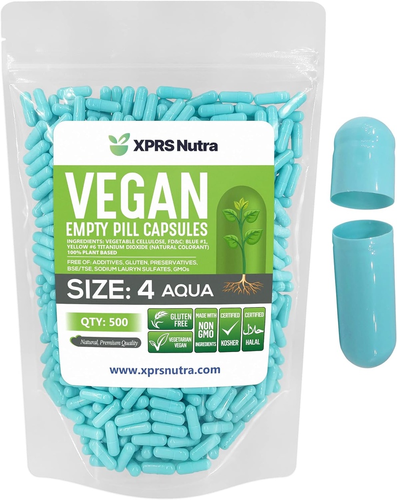 XPRS Nutra Size 4 Empty Capsules - 500 Contar pequeñas cápsulas de vacío vegano - DIY Vegetable Capsule Filling - Fillable Do-It-youself Veggie Pill Caps for Supplements (Aqua)