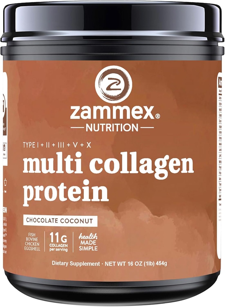 Zammex Multi Collagen Protein Powder, Tipo I & III & V & X, Hidrolyzed Collagen Peptides for Women &amp; Men, Supports Hair and Skin, Gut Health, 41 Servings, Chocolate