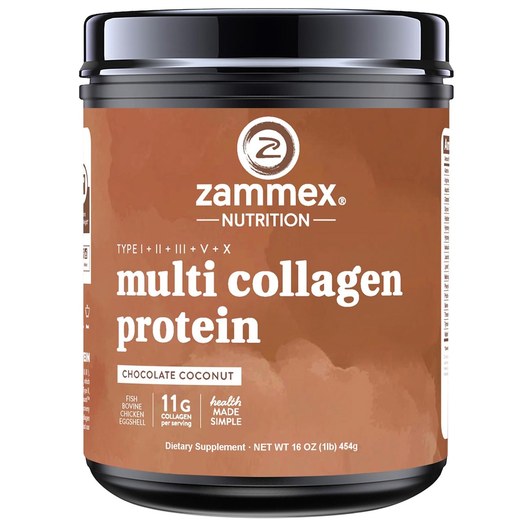 Zammex Multi Collagen Protein Powder, Tipo I & III & V & X, Hidrolyzed Collagen Peptides for Women &amp; Men, Supports Hair and Skin, Gut Health, 41 Servings, Chocolate