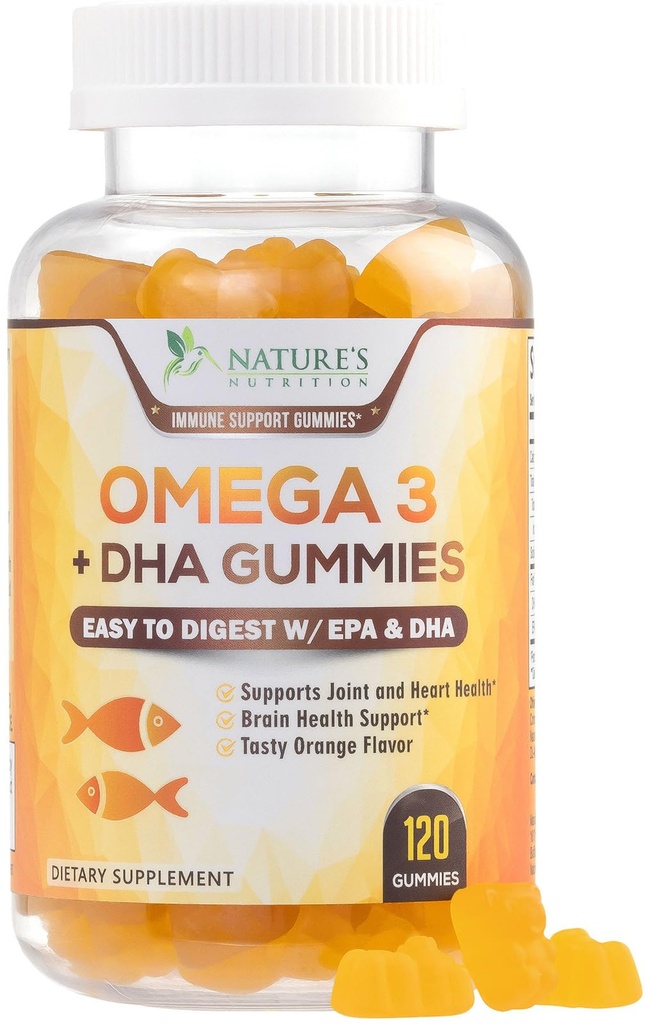 Omega 3 Mangas de aceite de pescado, corazón sano Omega 3 Gummy Suplemento con alta absorción DHA &amp; EPA, Extra Strength Joint & Brain Support, Delicious Orange Flavor Fish Oil Nature's Vitamin - 120 Gummies