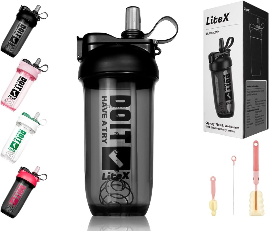 Botellas Litex Shaker para Protein Shakes, 26oz Botella Blender Shaker para Pre-Workout, Copas de afeitar con Straw, Botellas Tritan Mixer sin BPA para Protein Powder, con cepillo de copa e instrucciones (Negro)
