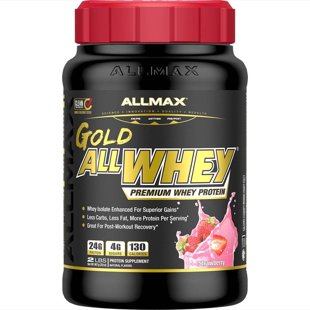 ALLMAX Nutrition Gold ALLWHEY, Strawberry - 2 lb - 24 Gramos de Protein Por Scoop - Gluten Free, Low Carb & Low Sugar - Aprox. 30 Servimientos
