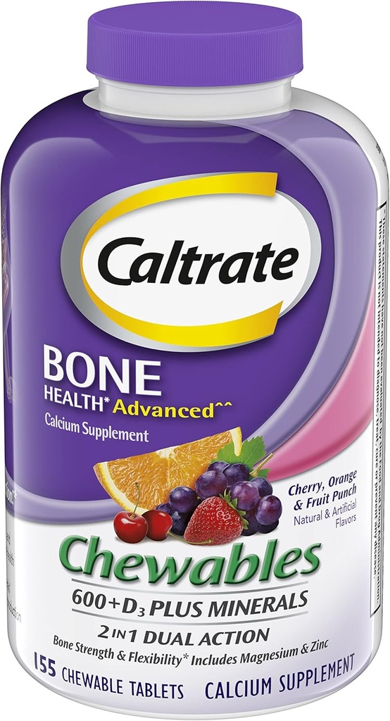 Caltrato Calcio &amp; Vitamina D3 Suplemento 600+D3 Plus Minerales Chewable Tablet, 600mg (Cherry, Orange y Fruit Punch Flavors, 155 Conde)