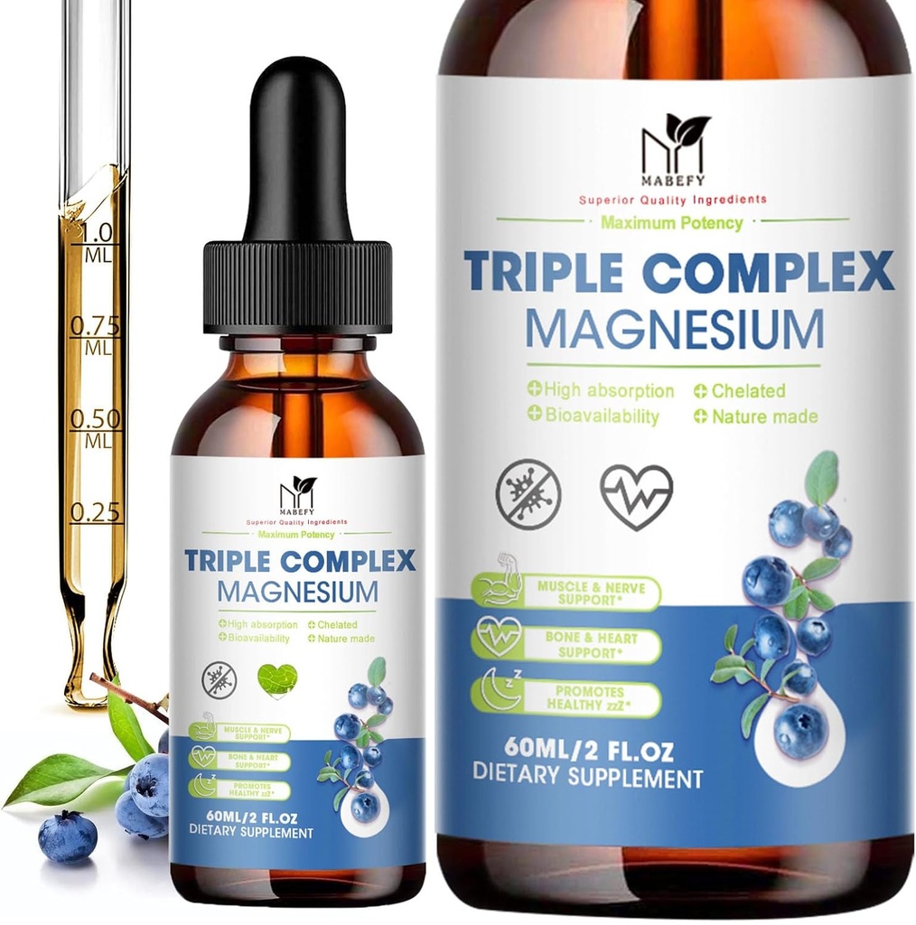 Magnesium Glycinate Liquid Drops Complex Supplement with Taurate, Malate for Calm, Leg Cramps, Energy ← Sugar-Free y Natural Vegan Magnesium, Blueberry Flavor