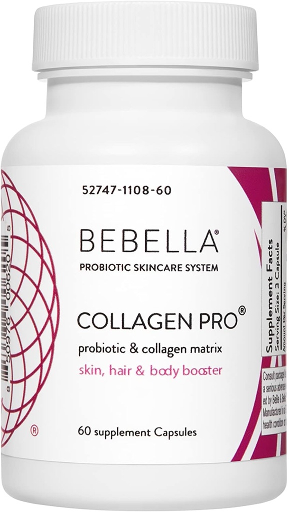 Bebella Collagen Pro- Probióticos & Collagen Peptides Mejoro Gut &amp; Skin Barrier reduce la inflamación, soporta la piel sana, el pelo &amp; uñas w/Zinc VIT C Ácido hialurónico 60 cápsulas