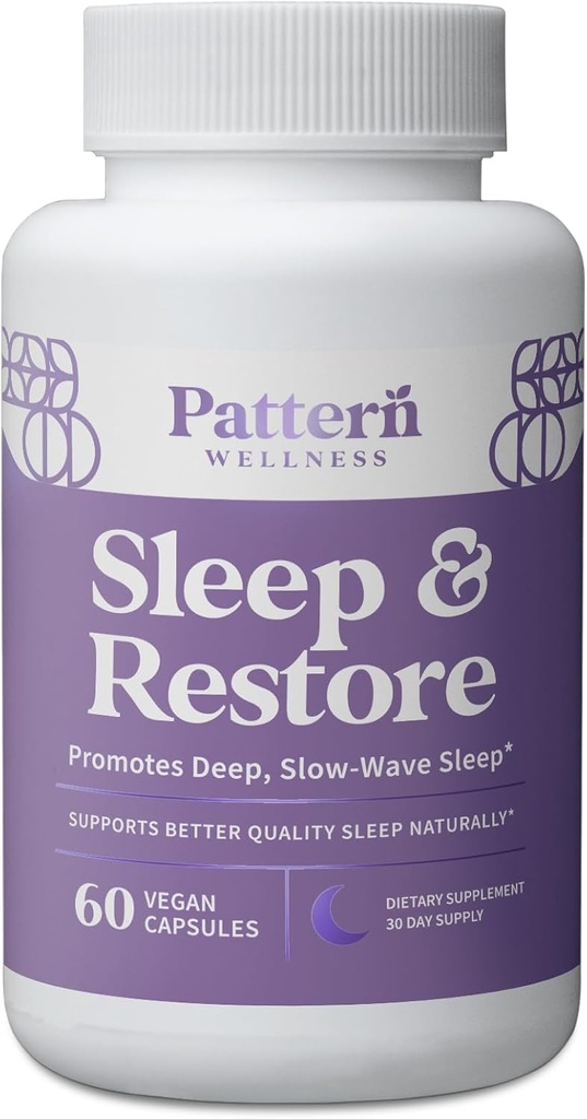 Pattern Wellness Sleep + Restore Supplement - Promotes Deep, Slow-Wave Sleep - Mood & Stress Response Support - Pure Vegan Health - 60 Capsules Non-GMO