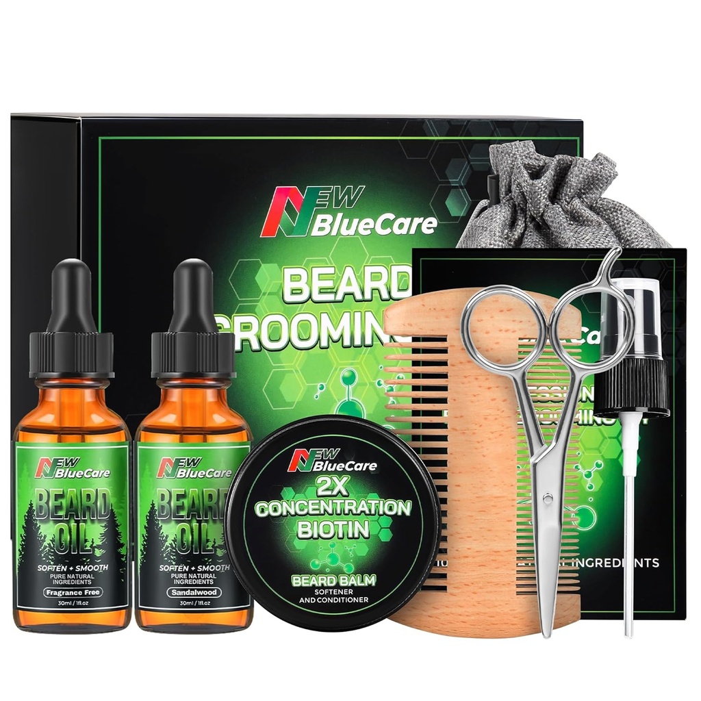 Beard Care Kit - Contiene (1) cada uno de aceites de barba (Sandalwood " Unscented), Biotin Beard Growth Balm, Comb and Scissors for Grooming and Trimming - Beard Care Daddy Gifts for Men Him Dad Husband