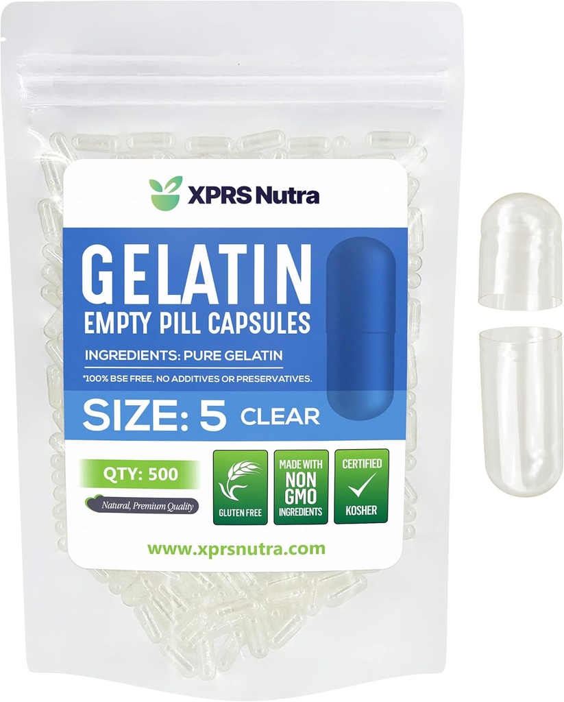 XPRS Nutra Tamaño 5 Empty Capsules - 500 Cuentas Muy Pequeño Empty Gelatin Capsules - Pills DIY Capsule Filling - Fillable Pill Gel Caps for Do-It-youself Vitamin Supplements
