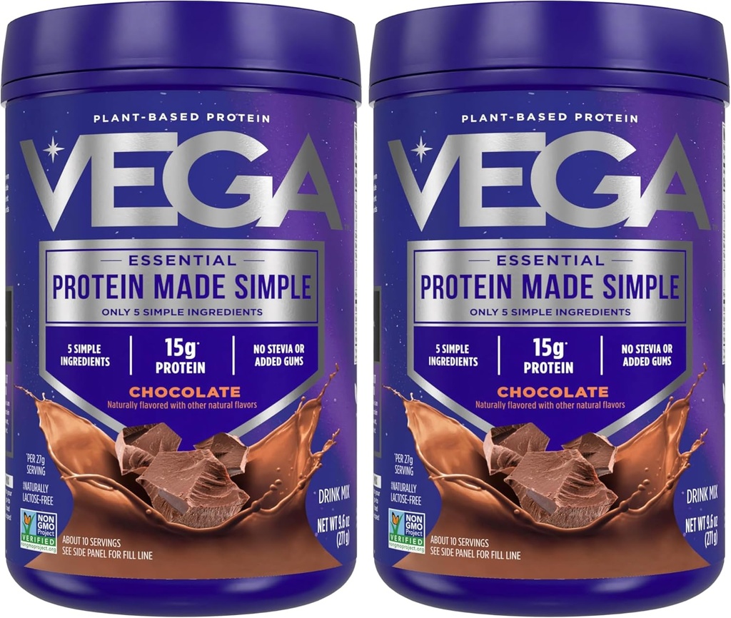 Vega Protein Hecho Simple, Chocolate Oscuro - Stevia Free Vegan Protein Powder, Planta Basada, Saludable, Gluten Gratis, Pea Protein for Women and Men, 9.6 oz (Packaging May Vary) (Pack of 2)