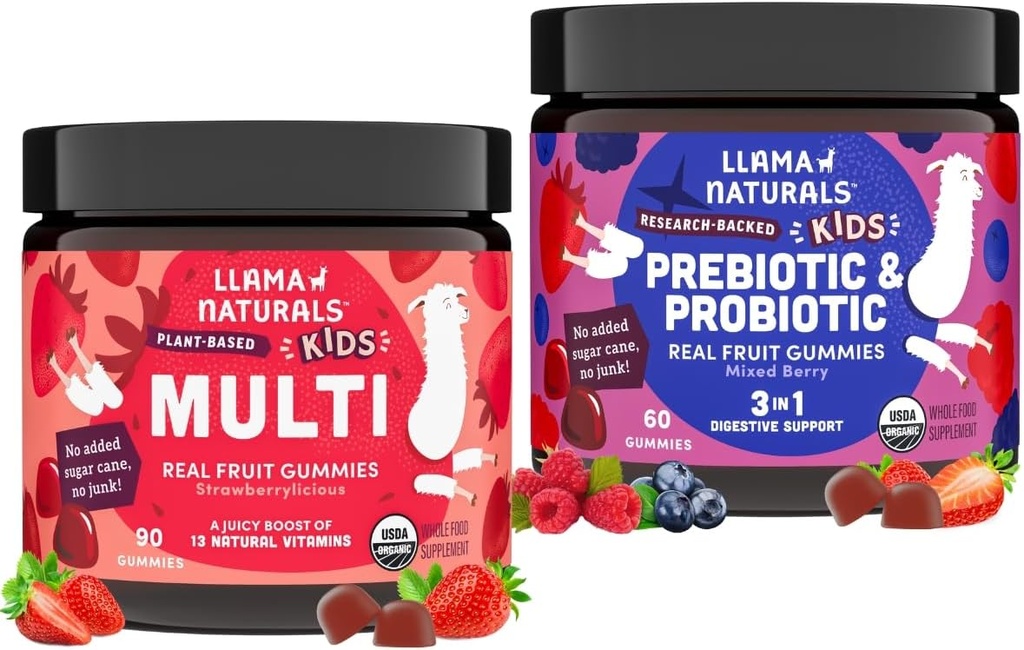 Llama Naturals Niños Multivitamínicos y Probióticos y Prebióticos Bundle, Vegan, Orgánica Gut Health y Mangas de Apoyo Inmunitario, Frutas Reales Vitaminas Gummy, No Añadido Cane de Azúcar, 2 Botellas, 30 Day Supply