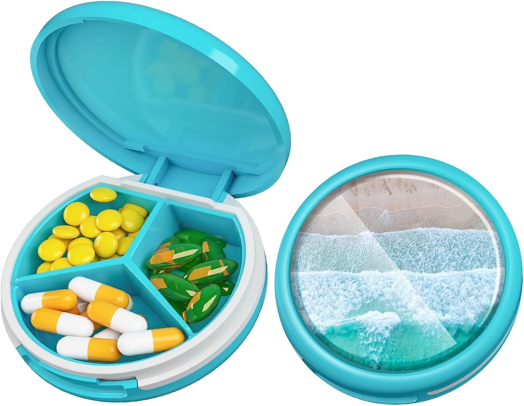 Serfeymi Small Pill Box - 3 Compartimientos Caja de Píldora Portátil, Caja de Píldora compacta Mini Travel Pill - Adecuado para Medicina, Vitamina, Petróleo de Pesca, Suplementos - Azul claro (playa)