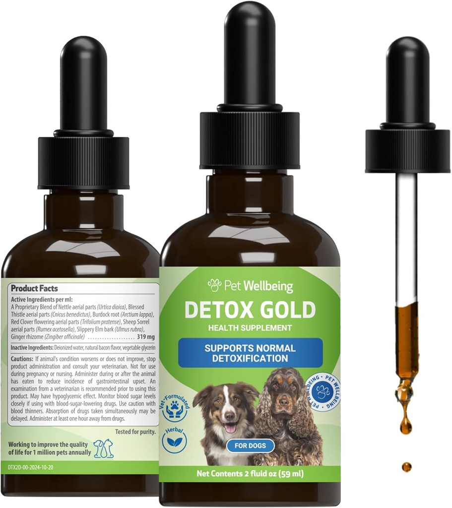 Pet Wellbeing Detox Gold for Dogs - Gentle Detoxification & Elimination Support, Immune System Care, Nettle, Beat Thistle, Burdock Root - Veterinarian-Formulated Herbal Suplemento 2 oz (59 ml)