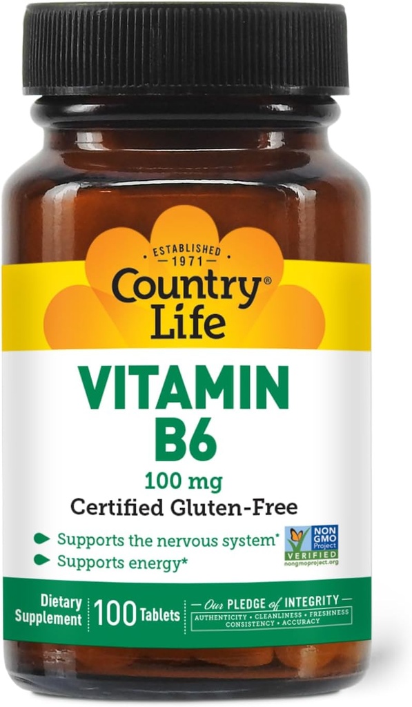 Country Life Vitamin B-6, Supports Energy and The Nervous System, 100mg, 100 capsules Vegan, Gluten certificado libre, Vegan certificado, Halal certificado,...