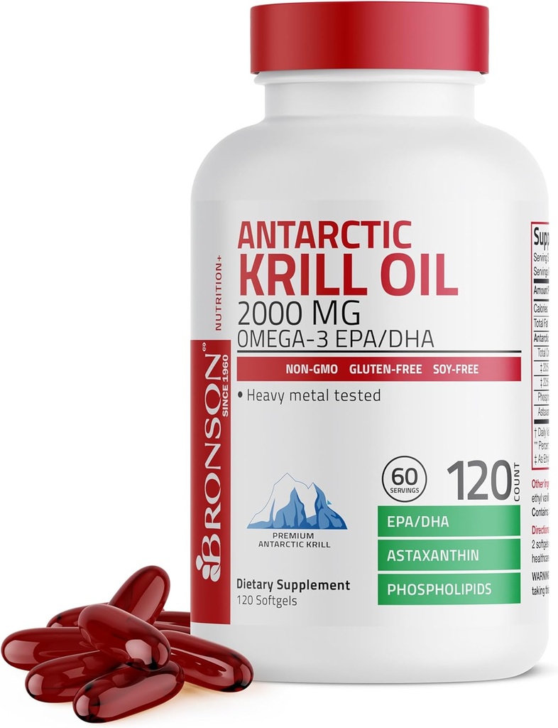 Bronson Antártico Krill Oil 2000 mg con Omega-3s EPA, DHA, Astaxanthin y Phospholipids 120 Softgels (60 Servings)
