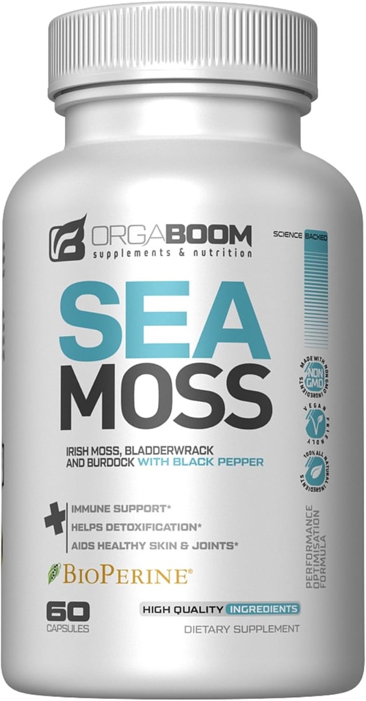 Sea Moss Capsules Irish Sea Moss Supplement with Organic Burdock Root, Bladderwrack " Black Pepper TEN Boost Energy, Detox " Immune Support ← Non-GMO, Vegan TEN Made in USA - 60 Count