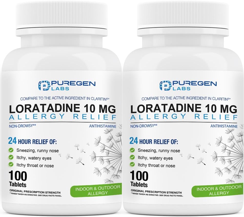 Alivio de la alergia a los laboratorios de puré, Loratadina 10mg, 100 Tabletas – 24 horas Medicina de la alergia a la antihistamínica antihistamínica para la nariz, estornudos, picazón, ojos acuosos (2)