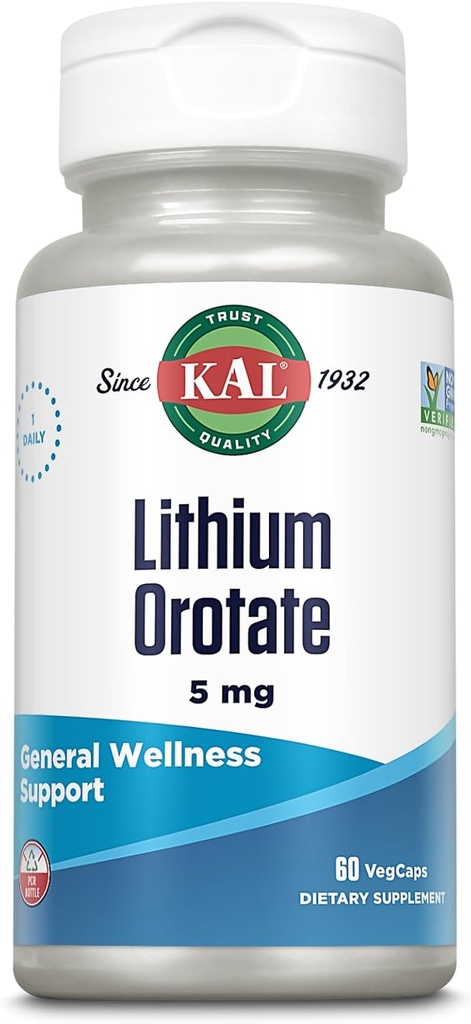 KAL Lithium Orotate 5mg | Low Serving of Chelated Lithium Orotate for Bioavailability & Mood Support | in Organic Rice Bran Extract Base | 60 VegCaps