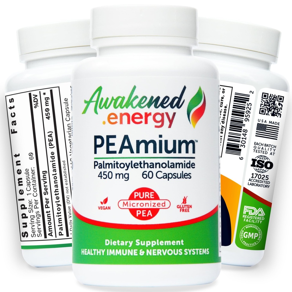 Palmitoylethanolamide 450mg Comfort Mobility Nerves Cognitive & Immune Support - Micronized High Absorption - All Natural Pea - USA Made - No Additives or Excipients – 60 Vegan Capsules Suplemento