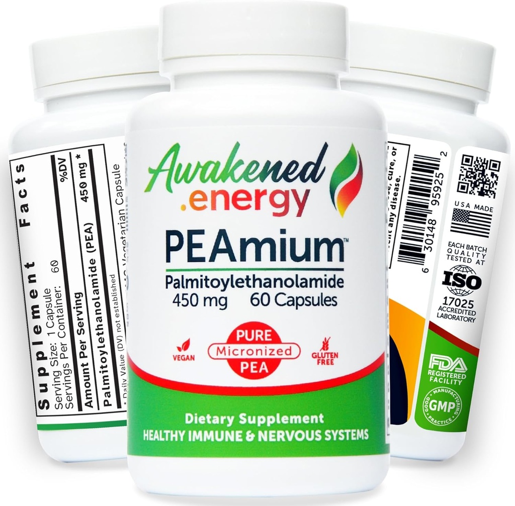 Palmitoylethanolamide 450mg Comfort Mobility Nerves Cognitive & Immune Support - Micronized High Absorption - All Natural Pea - USA Made - No Additives or Excipients – 60 Vegan Capsules Supplement