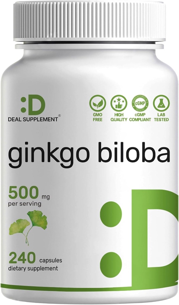 DEAL SUPPLEMENT Ginkgo Biloba 500mg Por Serving, 240 Capsules, 4 Mes de Suministro – Crecido en el norte de Asia – Extra Fuerza, Promueve Función Cerebro