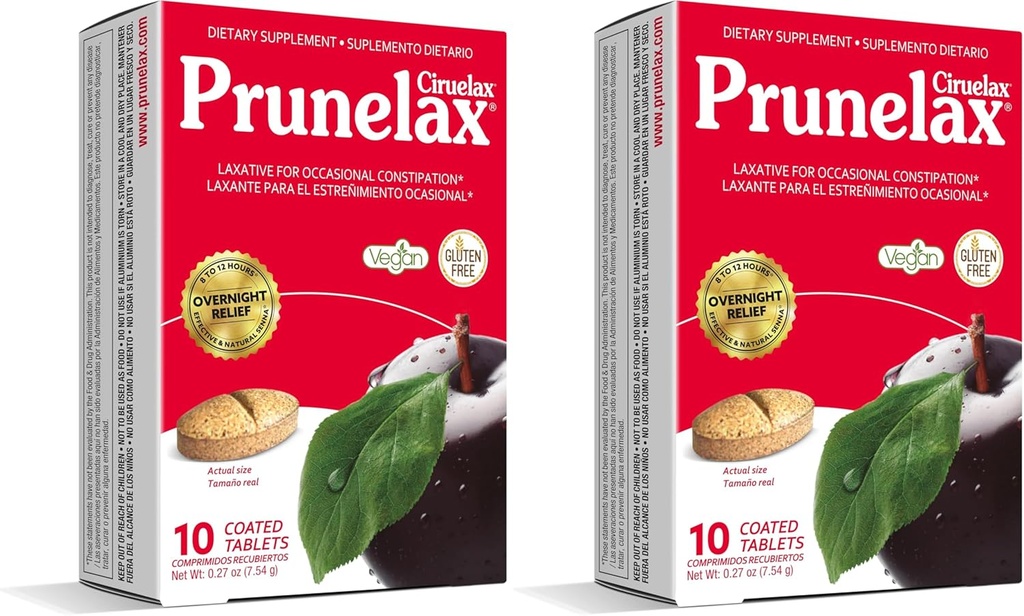 Prunelax Ciruelax Tablas laxantes de fuerza regular - Laxante de base natural-ingrediente para el estreñimiento ocasional, Alivio de noche predecible con extractos de hoja de senna, 8-12 Hr de acción rápida - 10ct