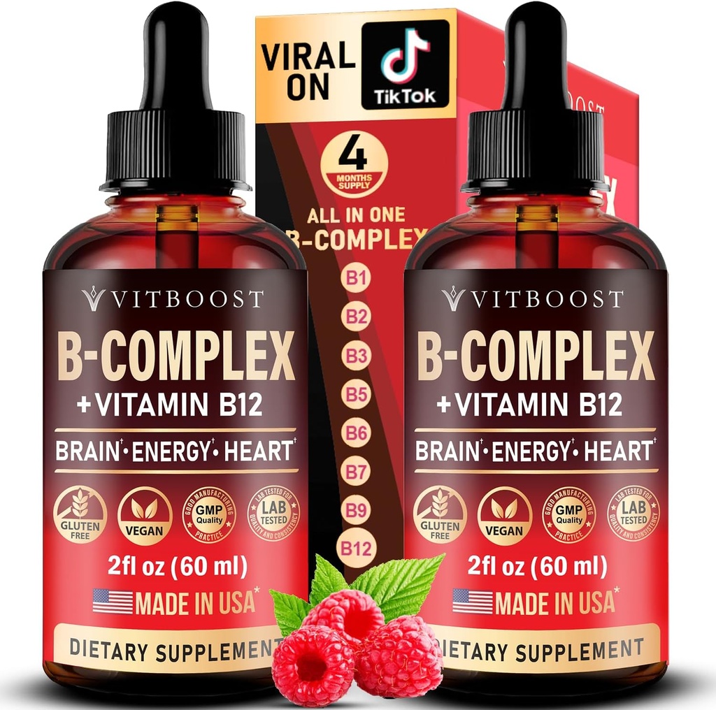 Vitamina Vegana B12 con Complejo B 20000 mcg- Extra Strength for Men and Women- Raspberry Liquid Drops under USA Made, B1, B2, B3, B5,B6, Biotin, Folic Acid &amp; B12 Sublingual Methylcobalamin ← 4 Meses Supply