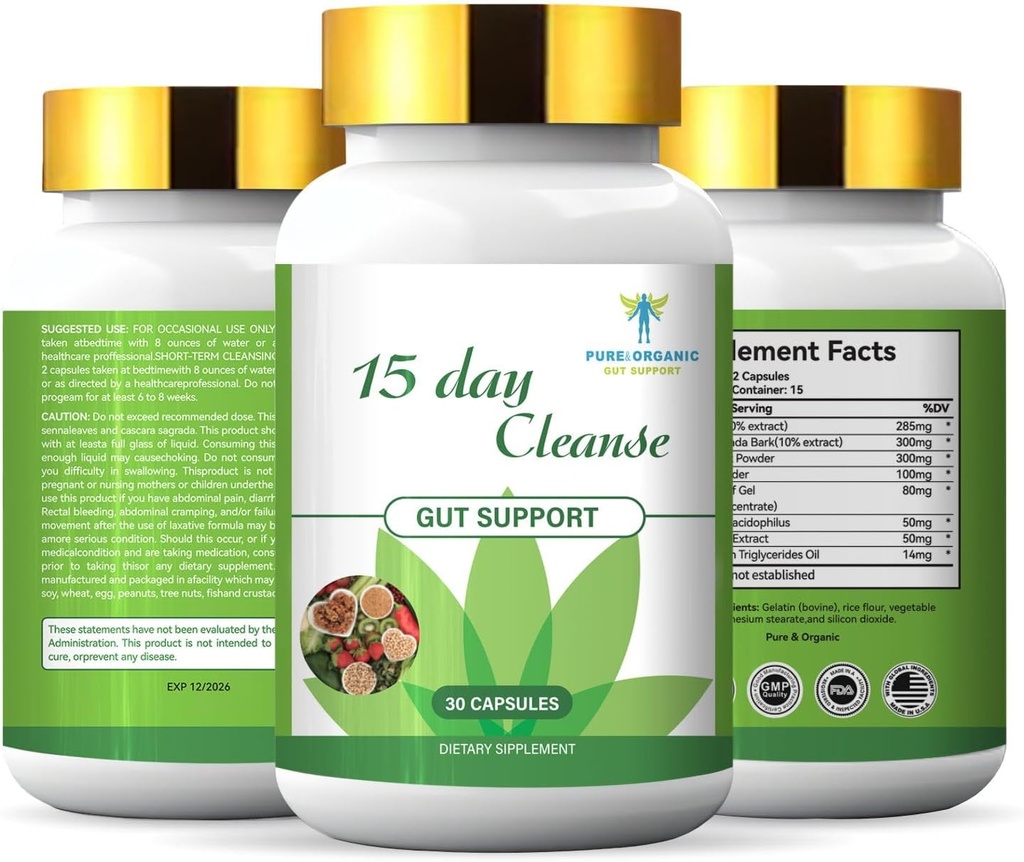 Pure&Organic 15 Days Cleanse for Gut System - Softgel Capsules with Ginkgo Biloba & Ginger (30 Capsules) - Natural Detox, Digestive Health