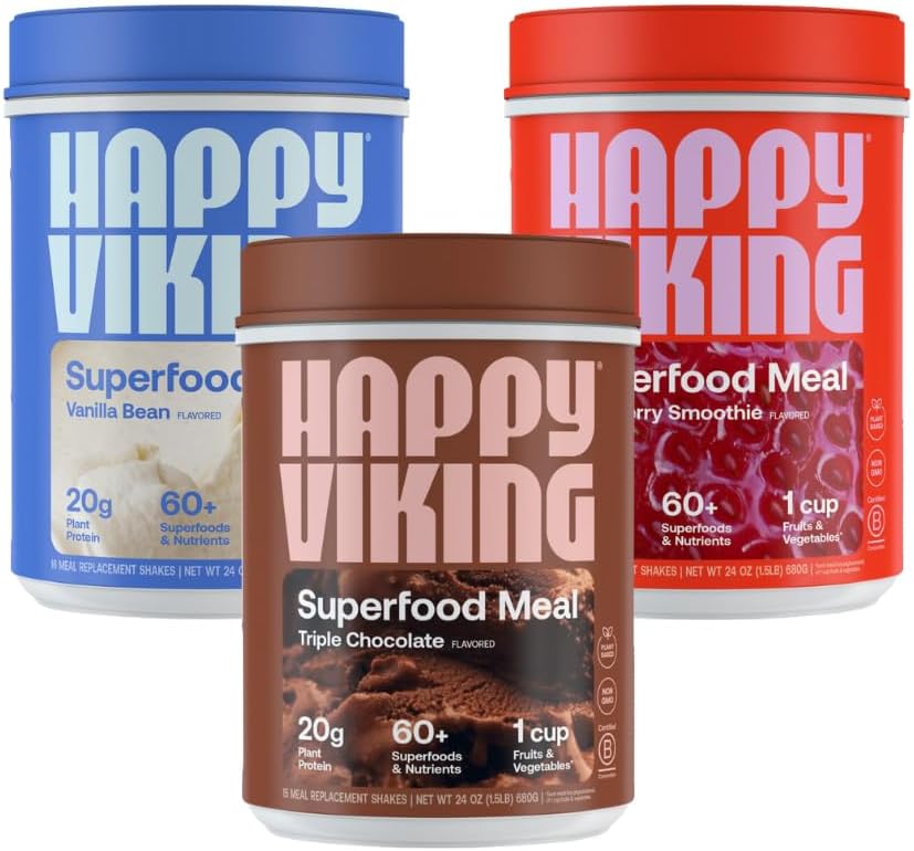 Happy Viking Chocolate, Vainilla y Polvo de Fresa, por Venus Williams, 20G Protein, Low Carb, Keto, Vegan, Gluten-Free, Superfoods, Complete Meal Replacement, 3 Canisters (24 oz. Cada uno)