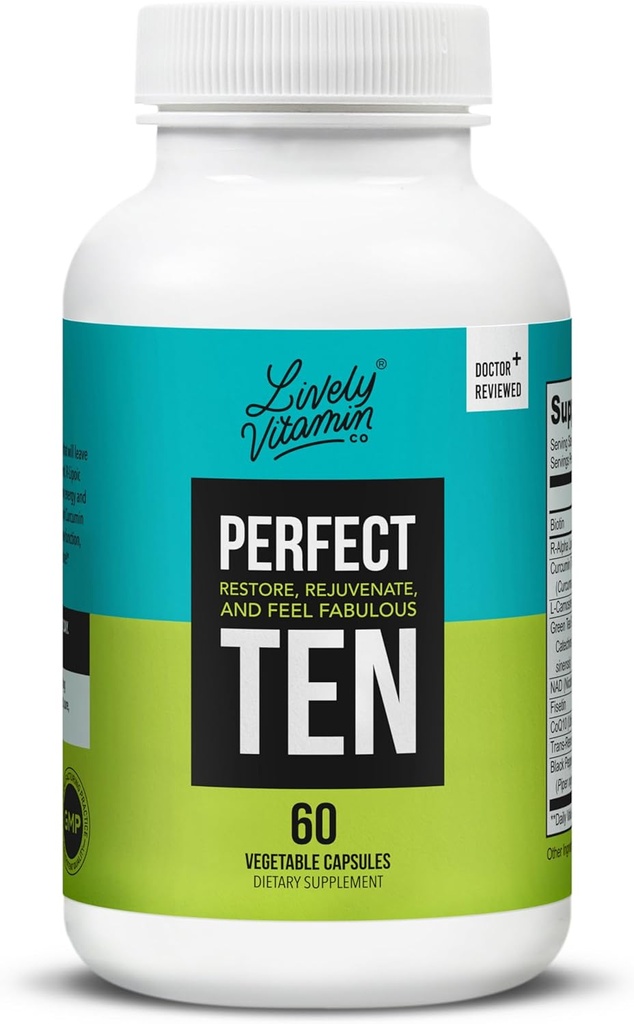 LIVELY VITAMIN CO. Perfect Ten - Anti-Aging &amp; Antioxidant Supplement - Biotin & Lipoic Acid - Healthy Hair, Skin, Nails - Energy Boost - Sharper Brain Function - Stronger Immunity - 60 cápsulas