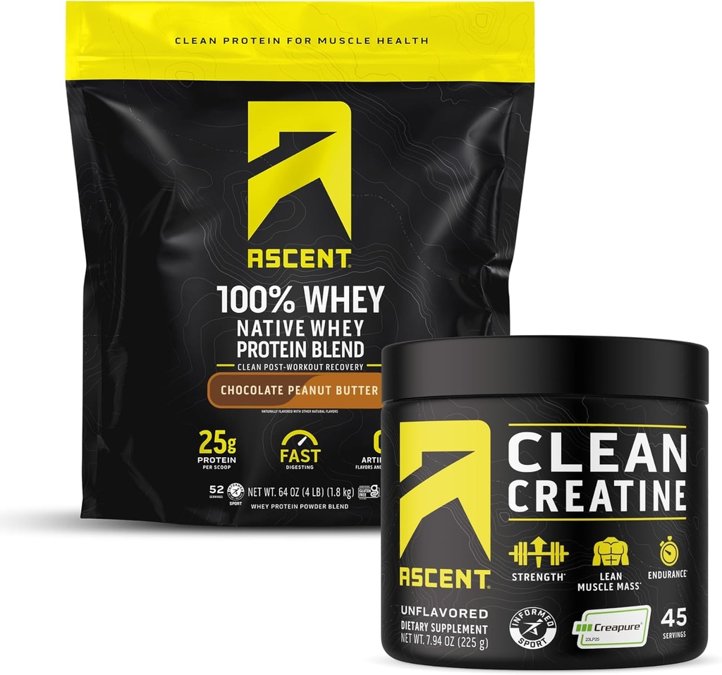 Ascenso 100% Whey Protein Powder, Chocolate Peanut Butter 4 lb &amp; Creatine Monohydrate Powder, Unflavored 45 Servings