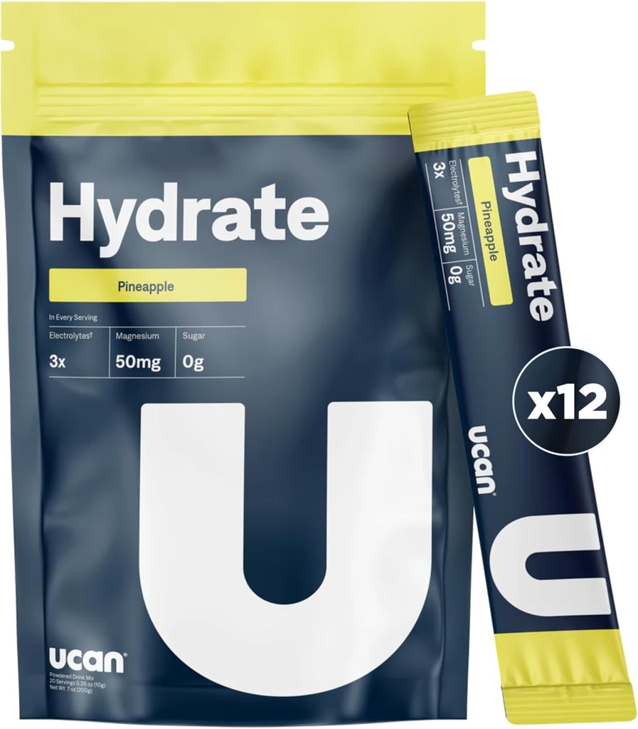 UCAN Hydrate Electrolyte Drink Mix (Pineapple, 12 Stickpacks) Sin azúcar, Keto-Friendly, Vegan, Non-GMO, Gluten-Free Electrolyte Powder with Potassium &amp; Magnesium for Runners ' Athletes