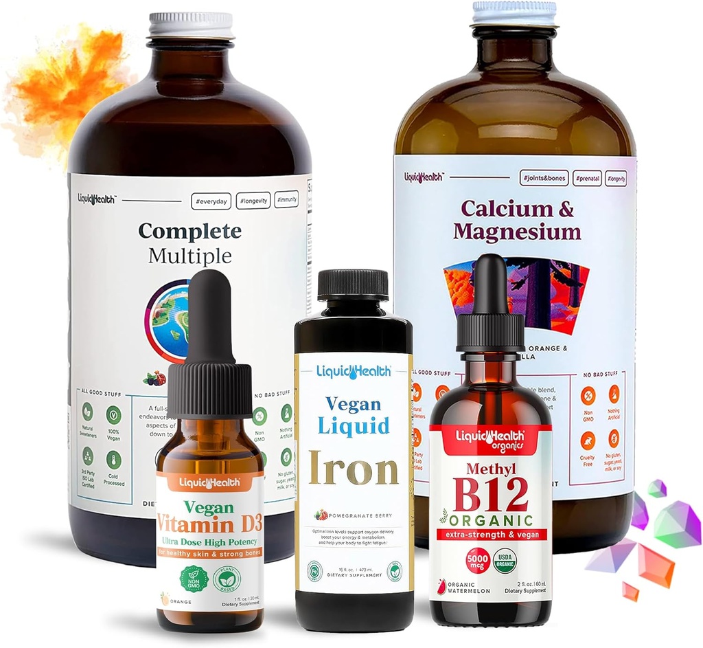 LIQUIDHEALTH Ultimate Bariatric Liquid Vitamin Supplement Bundle - Daily Bariatric Multivitamin with Iron, Calcium, Magnesium, Vegan Vitamin D3 & Organic B12 - Bariatric Surgery Must Haves, USA Made