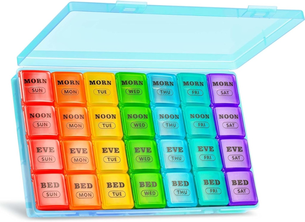 XL Gran organizador semanal de píldoras 4 veces al día, 7 días cajas y organizador AM PM, Big Compartments Pill Case, organizador mensual de medicamentos 28 días dispensador de aceites de pescado