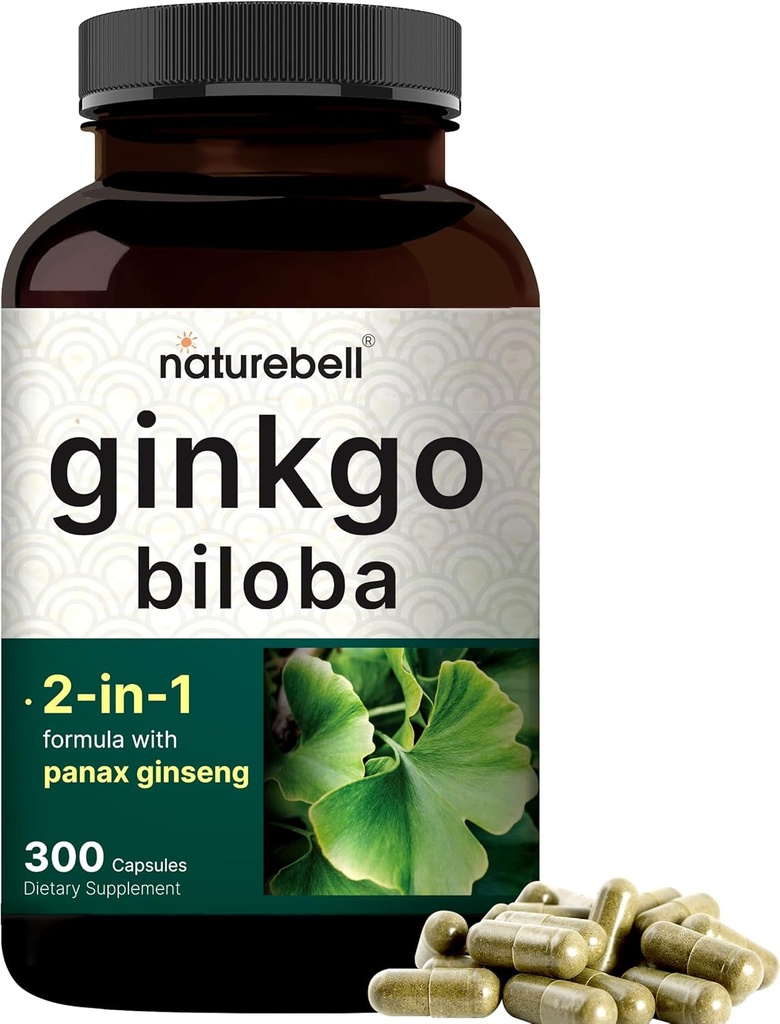 NatureBell Ginkgo Biloba 6.000mg con Panax Ginseng 500mg Por Serving Silencio 300 Capsules – Max Strength Ginko Biloba Extracto Suplementos - promueve la memoria, el foco y la salud cerebral