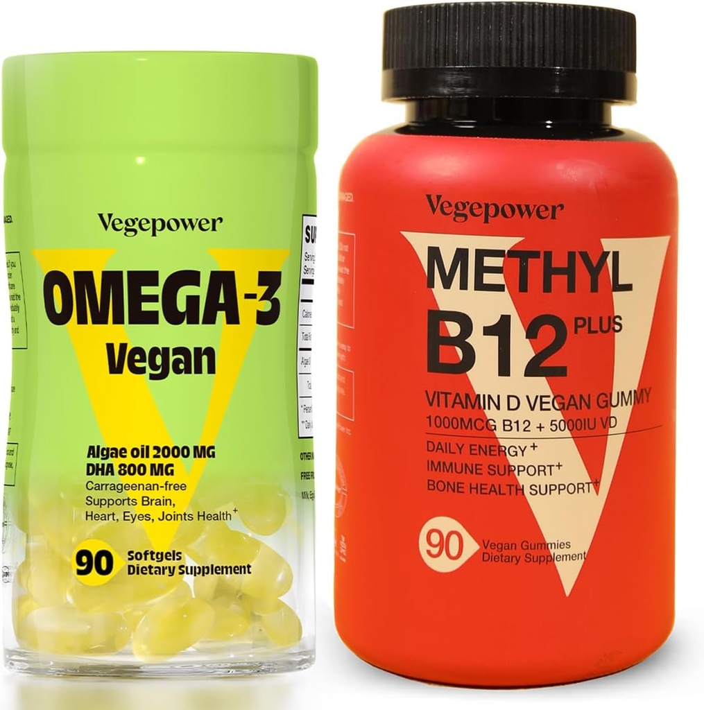 Vegan Omega-3 + Vitamina B12 Gummy ← Algae Omega-3 DHA Suplementos para Cerebro, Ojos del Corazón Salud TENIDO Metil B12 1000 mcg &amp; Vitamina D 5000 UI para Energía y Apoyo Inmunitario - 90 Cuenta