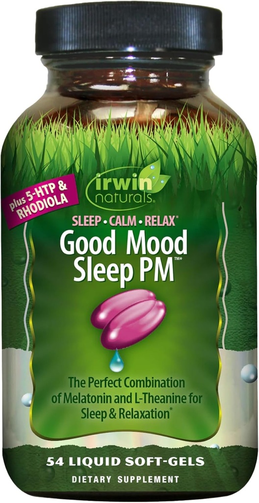 Irwin Naturals Good Mood Sleep PM - 54 Liquid Softgels - con Melatonina y L-Theanine para el descanso &amp; Relax - 18 Total Servings