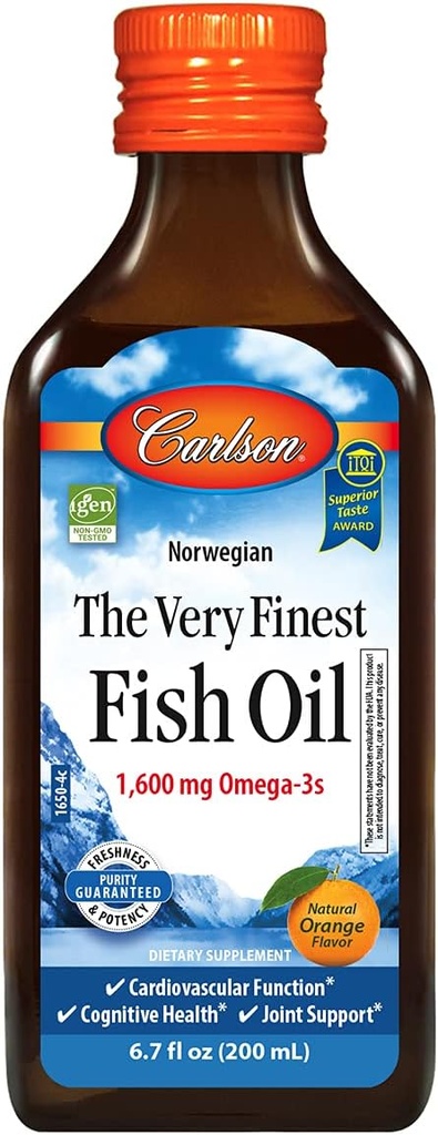 Carlson - The Very Finest Fish Oil, 1600 mg Omega-3, Liquid Fish Oil Supplement, Norwegian Fish Oil, Wild-Caught, Sustentably Sourced Fish Oil Liquid, Orange, 6.7 Fl Oz