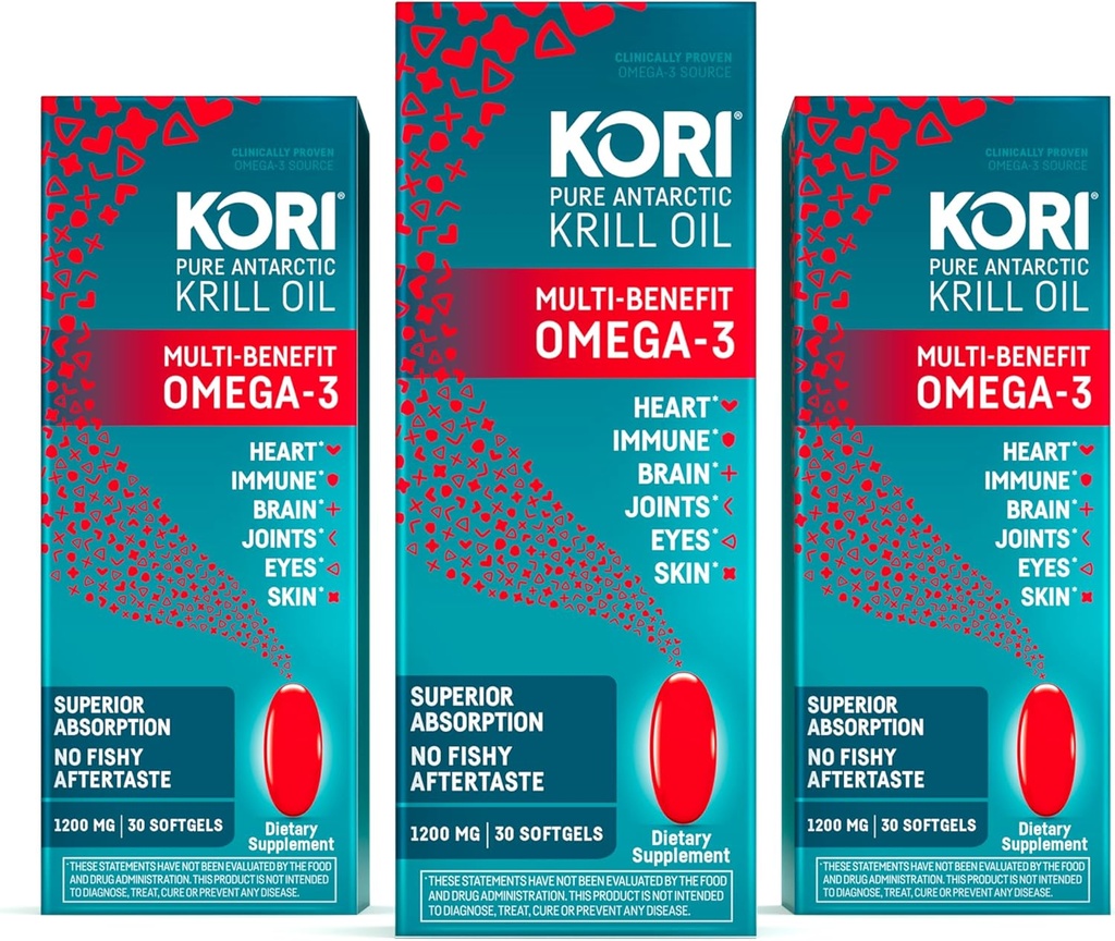 Kori Krill Oil Omega 3 Suplemento, Antártico Krill Oil with Superior Absorption vs Fish Oil, 1200mg Softgels, 30 Softgels, EPA & DHA (Pack of 3)