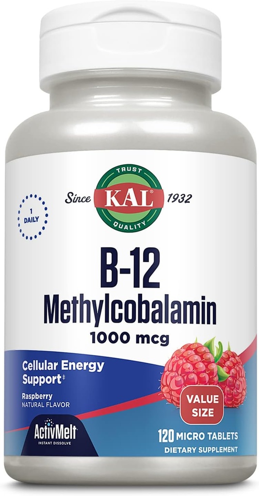 KAL Vitamina B12 Methylcobalamin 1000mcg, Energía sana, metabolismo, Nerve y Red Blood Cell Support, Fast Dissolve ActivMelt, High Absorption, Vegetarian, Natural Raspberry, 120 Serv, 120 Micro Tabs