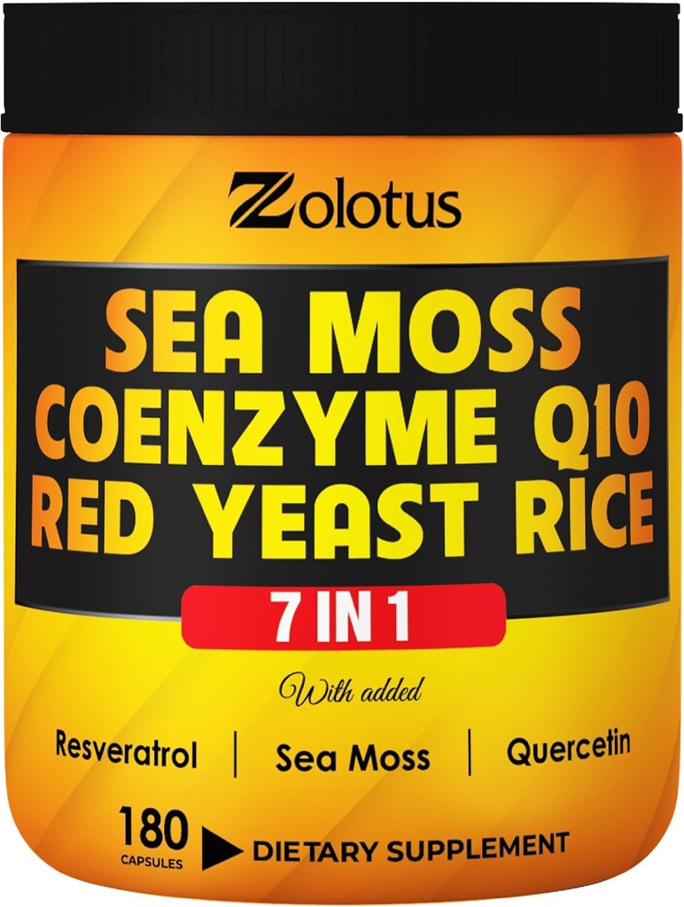 Zolotus 7 in 1 Sea Moss Supplement + Red Yeast Rice, Coenzyme Q10 Capsules, Equivalent to 8640mg, with Quercetin, Resveratrol, Vitamin B3, Vitamin D3, Body Balance, Immune System & Heart Health