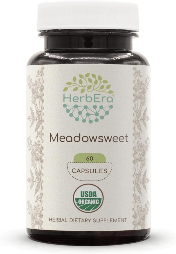 HerbEra Meadowsweet USDA Organic 60 Capsules ← Natural Herbal Suplemento  Certified Organic Vegetarian Capsules and Organic Meadowsweet (Filipendula ulmaria) Dried Herb (60 cápsulas)
