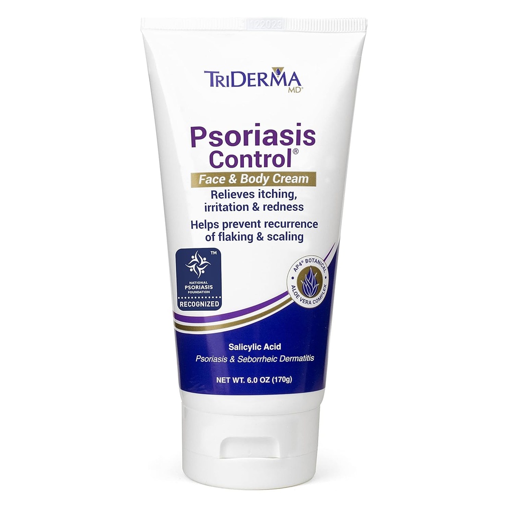 TriDerma Psoriasis Control Face & Body Cream - Maximum Strength 3% Salicylic Acid, AP4 Aloe Vera Gel, Urea Cream - Tratamiento hidratante Extra, No Cortisone o Coal Tar - FSA Eligible - 6 Oz