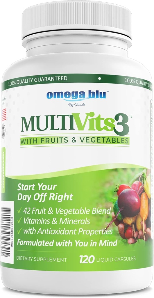 Multi Vits 3 Multivitamina - 2 Por día - 70+ Ingredientes - 42 Frutas & Verduras - CoQ10 para la Salud del Corazón - Cerebro, Energía, Visión Soporte - Vitaminas & Minerales - 60 Serviciones