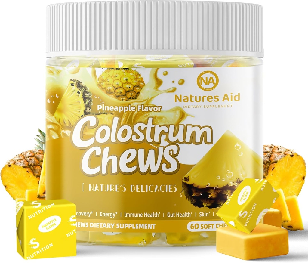 Colostrum Chews Supplement with probiotics for Gut Health, Bloating, Immune Support, Skin, Hair Growth and Beauty - Pineapple Flavor (60 Servings)