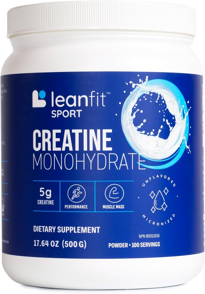 LeanFit Sport CREATINE MONOHYDRATE Powder, Unflavored - Elección informada Certified, Micronized &amp; Pharmaceutical Grade Creatine, Gluten-Free, Vegan – 5g Creatine Por Serving, 100 Servings, 17.64oz Tub